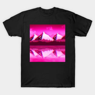 Neon Pink Mountains Landscape with Chromatic Aberration T-Shirt